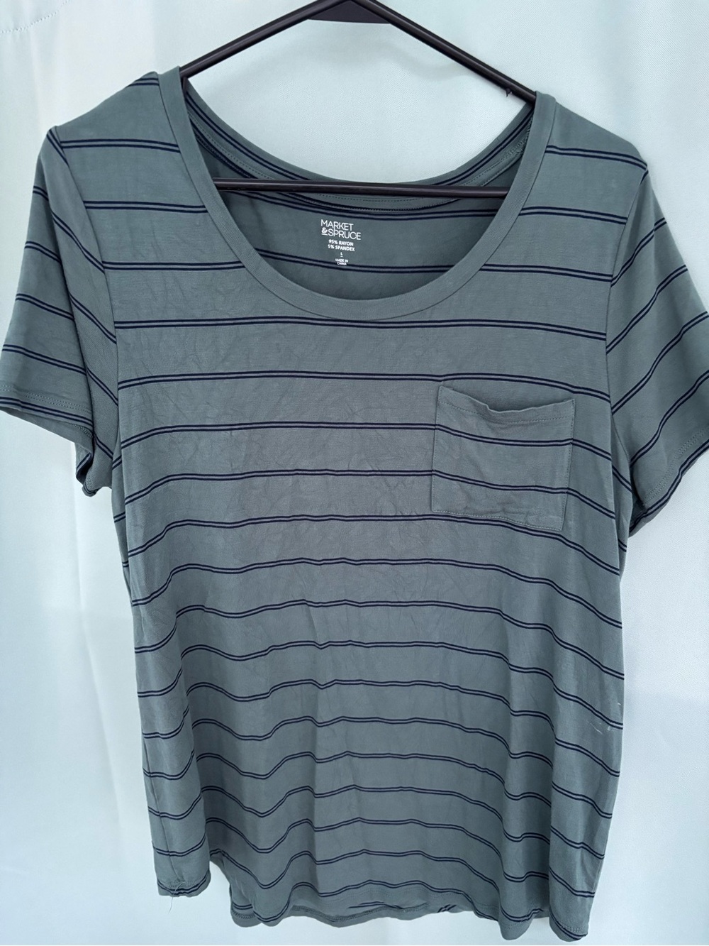 Market & Spruce Sage Green Tee with Navy Stripes and Pocket